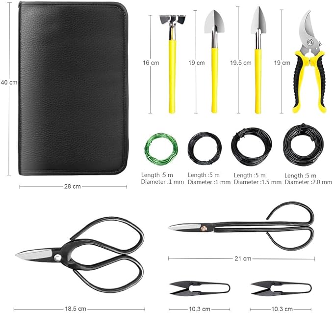 MOSFiATA Bonsai Tools Set 13 Pcs High Carbon Steel Succulent Gardening Trimming Tools Set Include Pruning Shears Scissors Mini Rake Round and Pointed Shovel &ampTraining Wire in PU Leather Bag