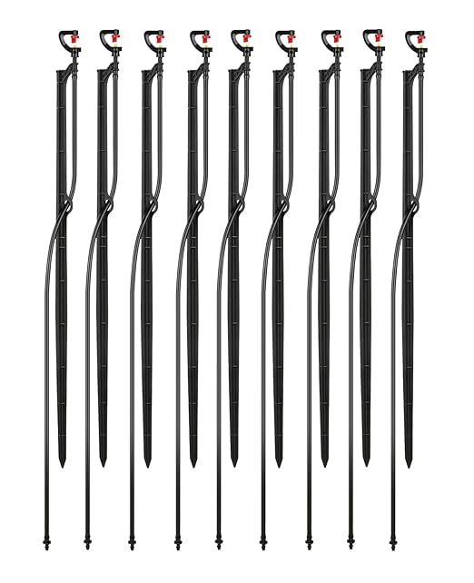 Drip Irrigation Micro Spray Emitter on 20 inch Stake with 1/4 Tubing and Barbed Coupler 180° Half Circle Pattern 8.5’ Spraying Distance