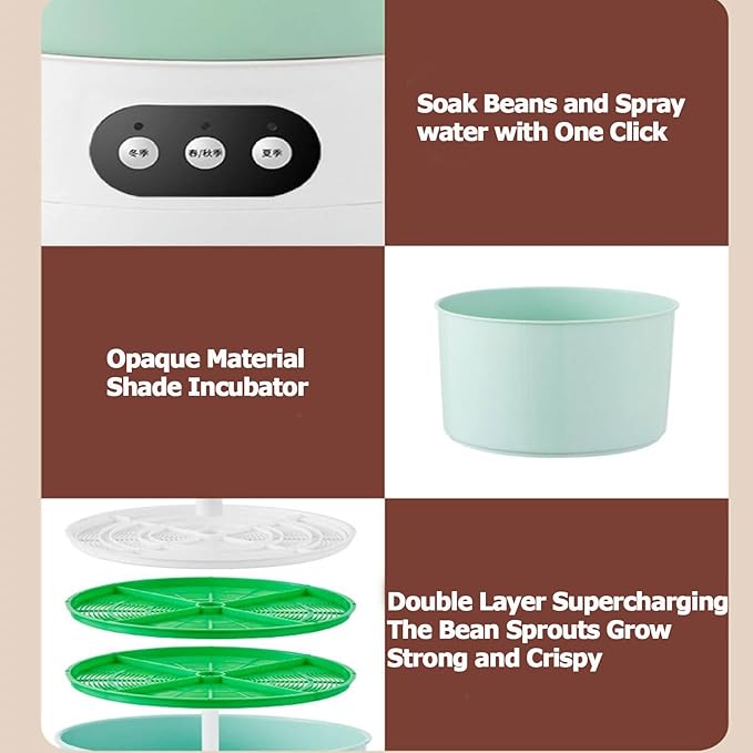 Automatic Sprouter Bean Growing Machine Home Smart Bean Sprout Machine with 2 Layer Large Capacity 3 Different Seasons Modes 360°Sprinkling for Radish