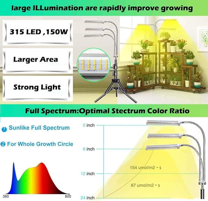 YUHAN Grow Light with Stand LED Grow Lamp for Indoor Plants Tri-Head Sunlike Full Spectrum 150W 315 LEDs Tripod Stand Adjustable 15-47 inch 3 Modes Timer for Indoor Plant Growth