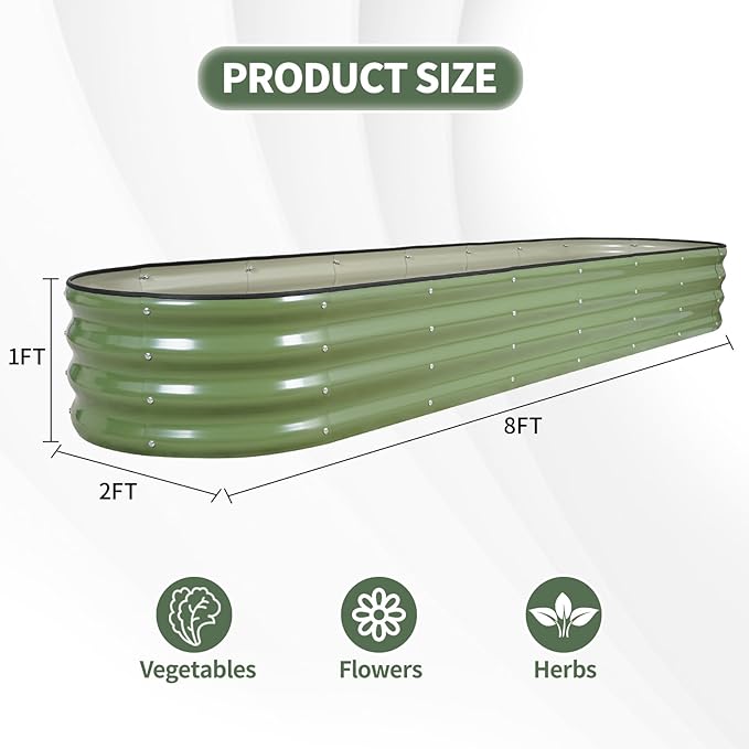 1MORE Galvanized Raised Garden Bed- Planter Garden Boxes Outdoor Raised Beds for GardeningMetal Garden Bed Kit for Vegetables Flower Planter Raised Beds.8x2x1ft Green-2pcs