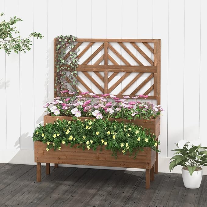 Nightcore Outdoor Elevated Garden Bed with TrellisRaised Garden Bed with Legs &amp Drain Holes2-Tier Wooden Planter Box for Vegetable Fruit Herb