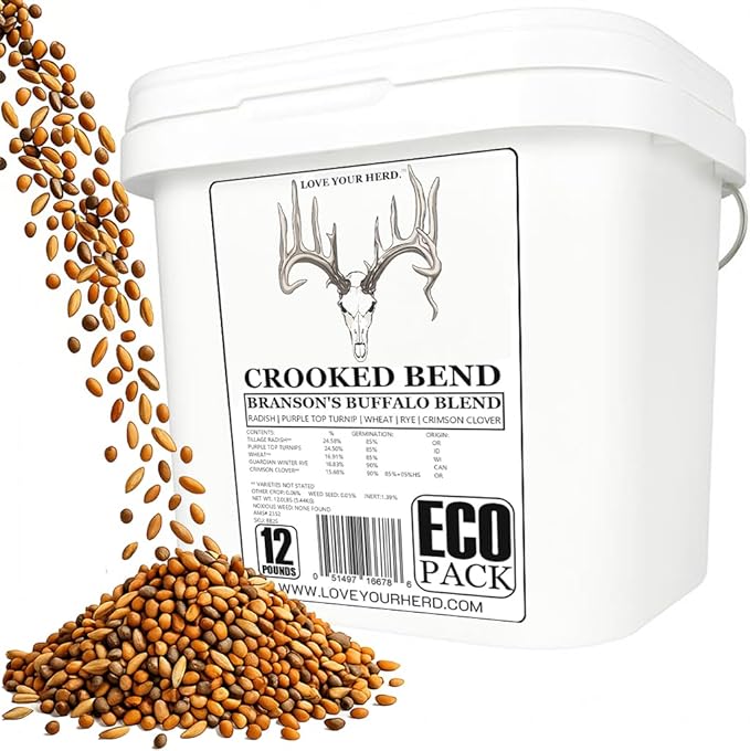 Crooked Bend Branson's Buffalo Blend 12LB EcoPack Whitetail Food Plot Seed for Deer Turkey Pheasant Dove Elk &amp Duck Plant Seeds Grow Forage to Feed &amp Attract Wildlife to Hunting Plots