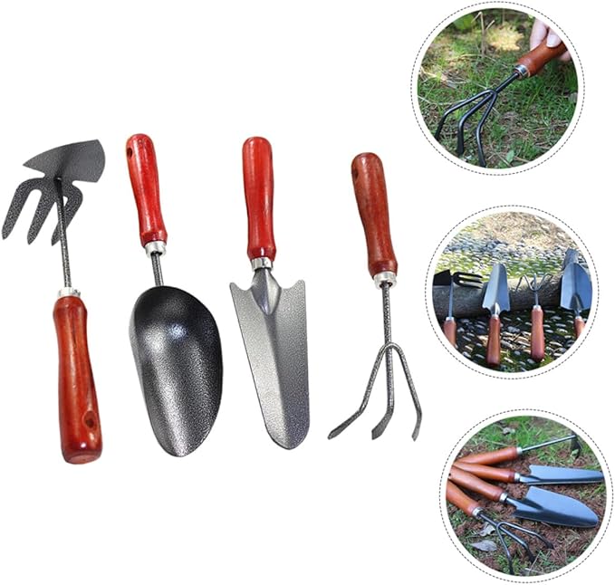 Artibetter 4pcs Mini Gardening Tool Set with Metal Shovel Narrow Spade 3-Prong Rake and Dual-use Hoe Hand Tools for Planting and Soil Scooping in Garden and Potted Plants