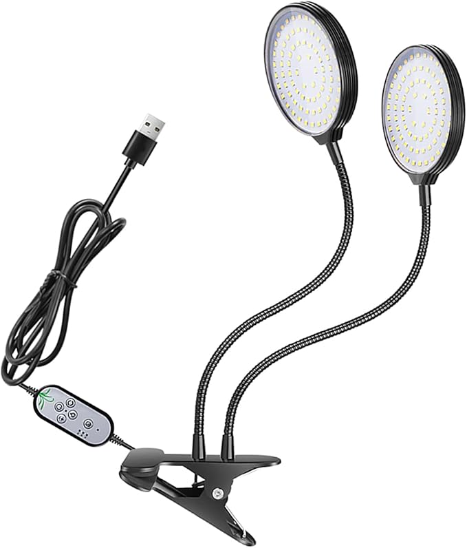 USB Plant Grow Light 234 LEDs Full Sunlight with 5 Adjustable Brightness Levels 3 Heads Black Desktop Clamp Lamp - Timer Controlled 360° Flexible Ideal for Indoor Plants and (2 Heads)