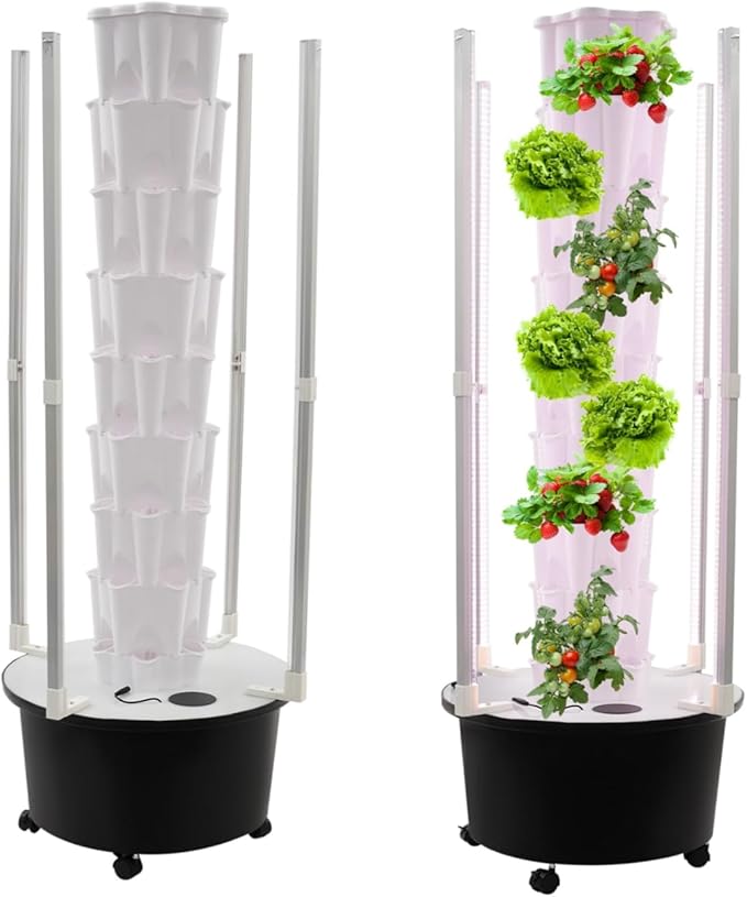 Vertical Hydroponics Growing Kit Modular Hydroponic Tower with Water Pump &amp Timer Function Mobile Hydroponic Growing Kit for Leafy Vegetables Strawberries &amp Chilies (White+Black 8Layer-48 P
