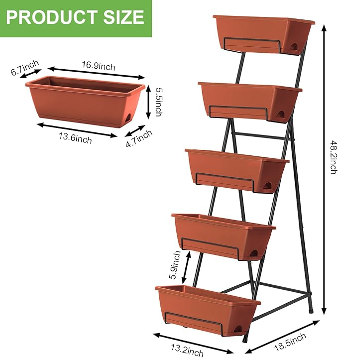 5 Tier Vertical Raised Garden Bed Planter Box Vertical Raised Bed with Drainage Holes for Indoor Outdoor Herbs Flowers Vegetables Plants Red