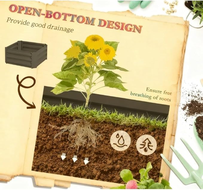 Heavy-Duty Galvanized Steel Raised Garden Bed with Built-in Trellis Support for Climbing Plants and Vegetables (Dark Gray + Steel)