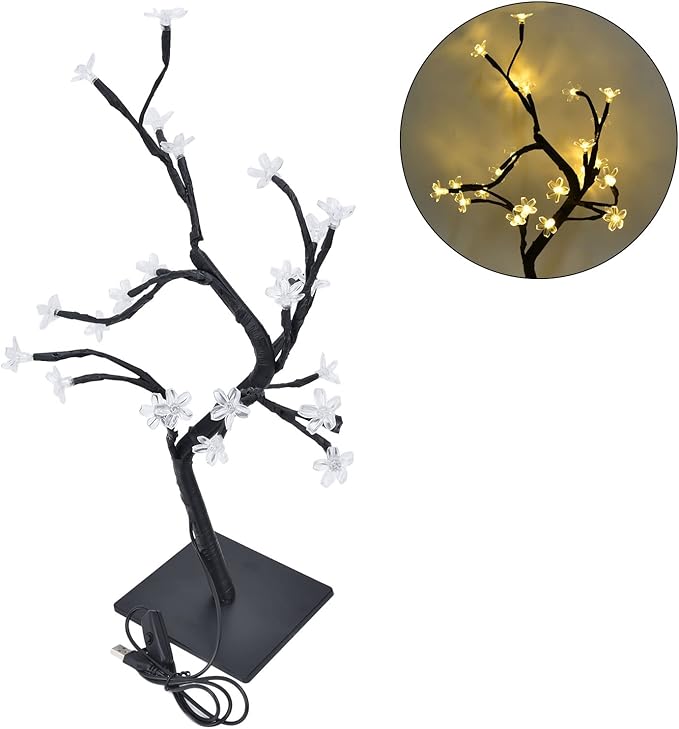 Cherry Blossom Tree Lamp | 24 LED USB Operated Warm White Illumination | Flexible Bonsai Fixture for Home/Office/Garden Decoration | Romantic Mood Lighting