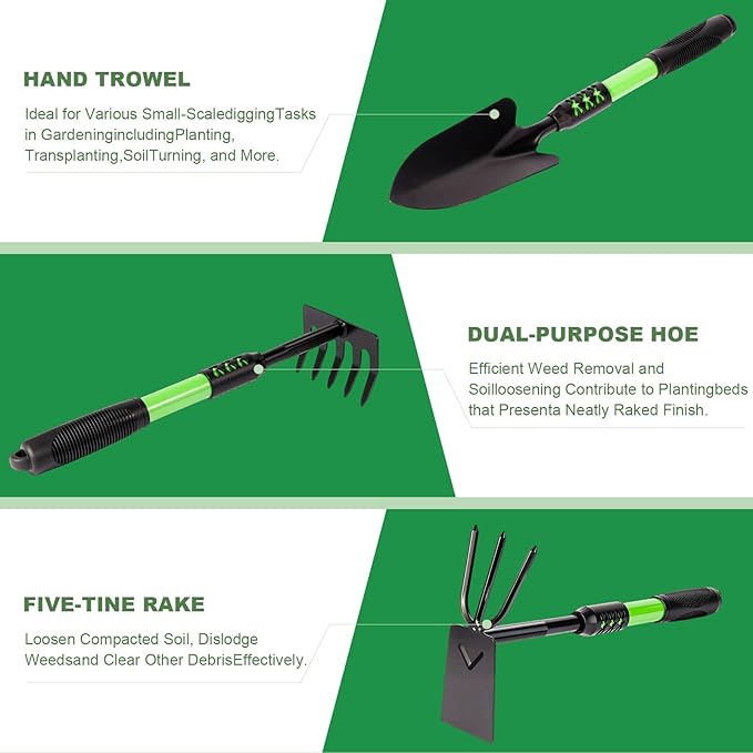 Garden Tool Set 4 Pack Gardening Tools Stainless Steel Heavy Duty Hand Cultivator Hoes Shovel for Planting Weeding Digging Gardening Gifts for Women Green