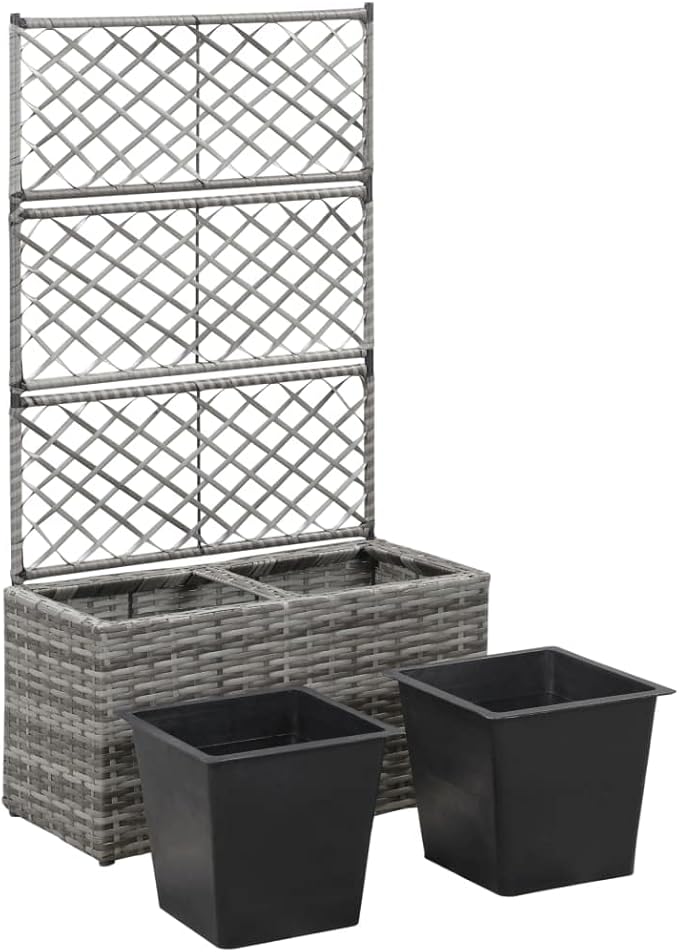 Outdoor Garden Box Patio Raised Bed Backyard Planter Box for Growing Vegetables Fruits and Herb Fields Trellis Raised Bed with 2 Pots 22.8 x 11.8 x 42.1 Poly Rattan Gray