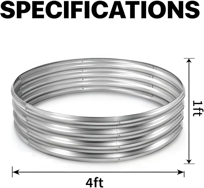 Round Galvanized Raised Garden Bed Kit Round Galvanized Planter for Vegetables/Herbs/Flowers Heavy-Duty Steel Outdoor Water Trough (Silver 4X4X1FT)