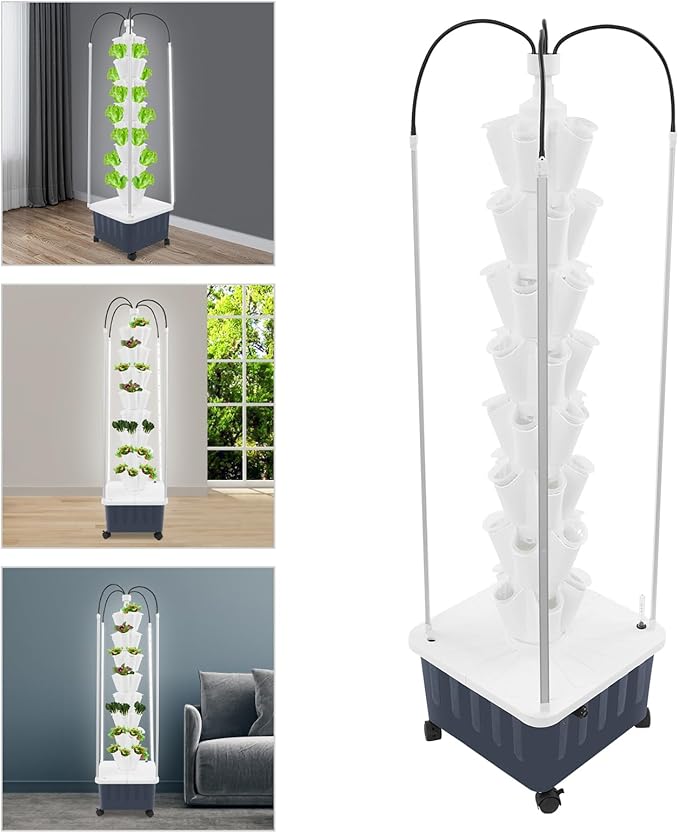 8-Layer Hydroponic Growing Tower with 40 Plant Sites &amp 4 Adjustable LED Grow Lights High-Efficiency Water Cycle System for Home School or Lab Use (White)