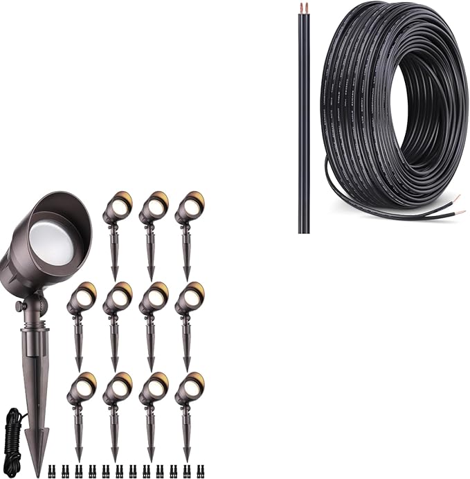 LEONLITE LED Outdoor Landscape Spotlight Bundle 100ft 16/2 Cable 12-Pack 5W 12V Low Voltage Adjustable Pathway Lights 3000K Warm White &amp 1-Pack 100ft 16/2 Low Voltage Landscape Lighting Cable B