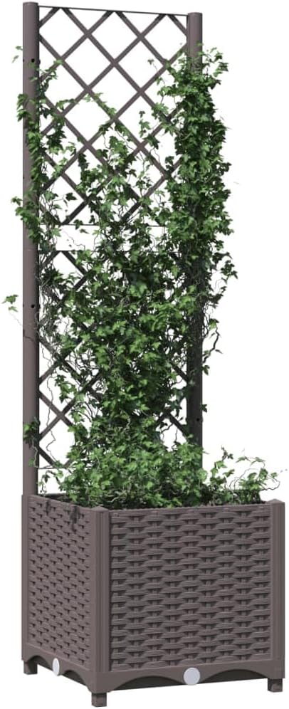 Garden Planter with Trellis Brown 15.7x15.7x53.5 PP Elevated Garden Bed Raised Planter Box for Outdoor Use with Climbing Support for Tomatoes and Flowers
