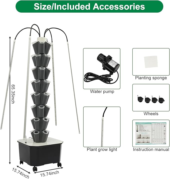 40-Hole Hydroponic Growing Tower with LED Grow Lights &amp Auto Water Pump - 59'' Indoor/Outdoor Vertical Garden System Kit for Vegetables Herbs Strawberries - Space-Saving Wheeled Soil-Free (Gre