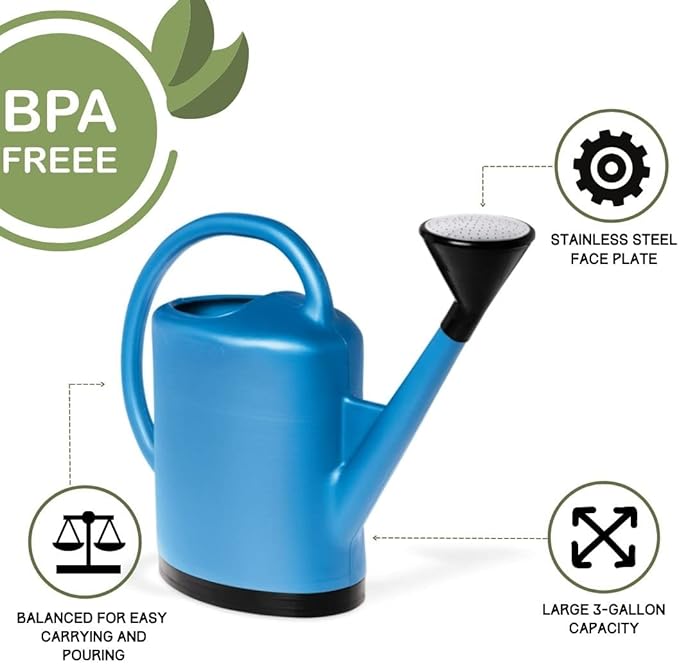 Gardener’s Supply Company French Blue Watering Can | 3 Gallon Indoor Outdoor Water Container for Plants and Garden with Removable Stainless Steel Faceplate Rose Sprinkler Attachment - Blue