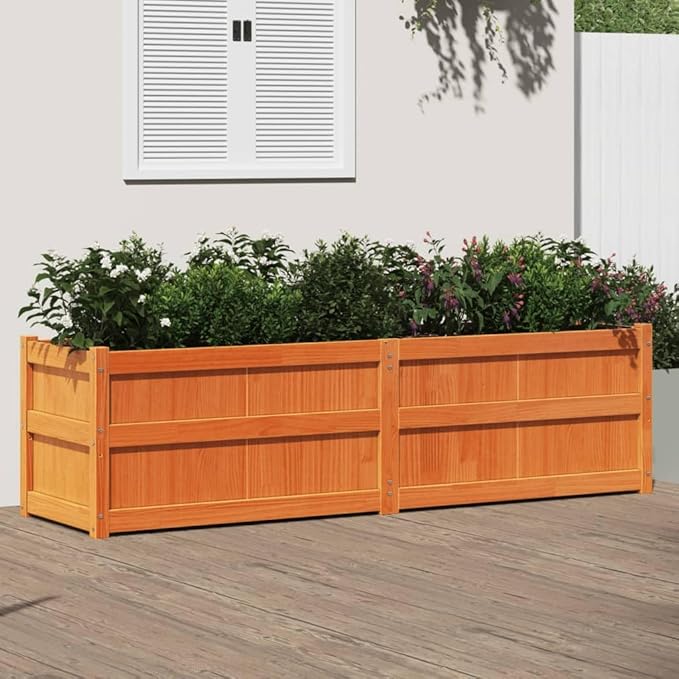 Large Garden Planter Wax Brown Solid Pine Wood Rectangular Outdoor Raised Bed Decorative Inlays 70.9x19.7x19.7 inch for Patio Balcony