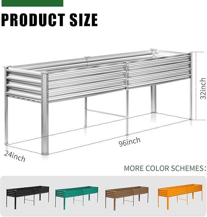 Land Guard Galvanized Raised Garden Bed with Legs 96×24×32in Raised Garden Beds Outdoor with Drainage Holes Planter Boxes Outdoor for Backyard Patio Balcony 1200lb Capacity Silver