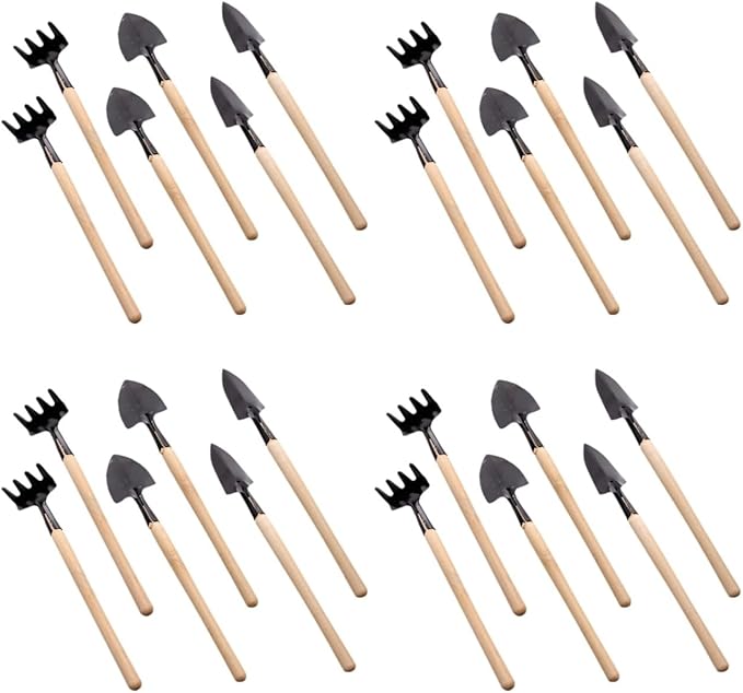 Yardwe 24pcs Mini Gardening Tools Set - Miniature Rake Trowel and Shovel with Smooth Wood Handle for Planting Transplanting and Bonsai Care