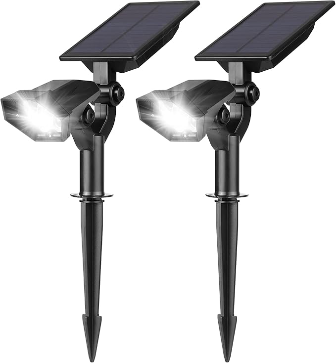 Solar Garden Spotlights 2 PCS 5 LEDs Warm White Landscape Lighting Battery Powered Outdoor Path Lights with Auto On Off - Energy Efficient Adjustable Angle Ideal