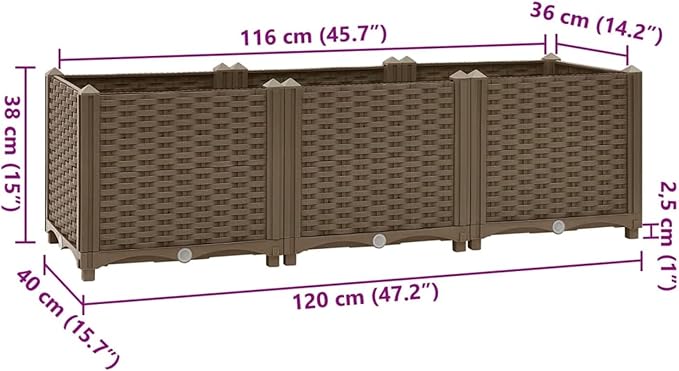 Elevated Planter Bed - Brown Polypropylene Large Capacity 120x40x38 cm Easy Assembly