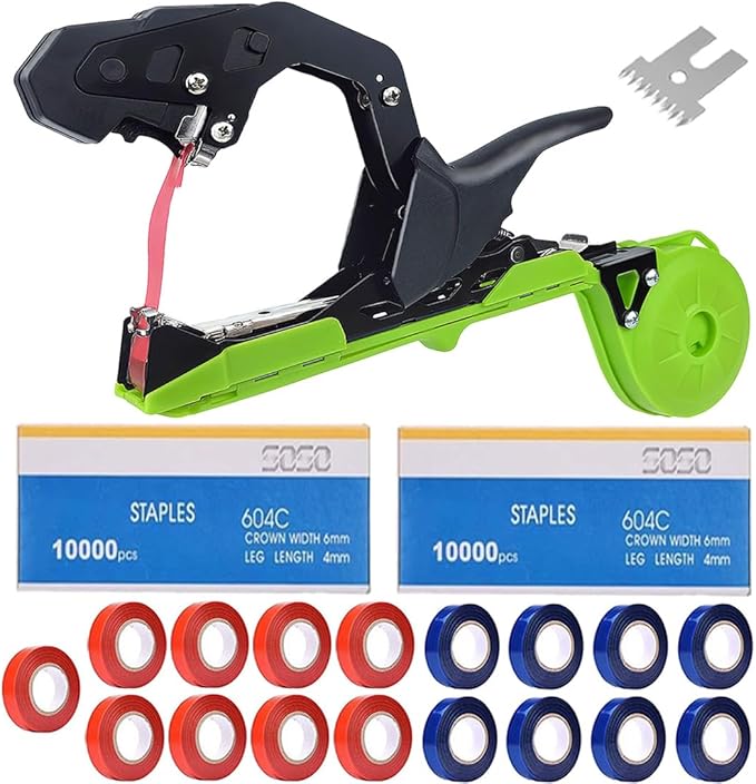 Upgraded Plant Tying MachinePlant Vine Tying Tool Kit with 20000pcs Staples 17 Roll Tape with SK5 Blade Replacement for GardenerFarmerGrapesTomatoesVegetables
