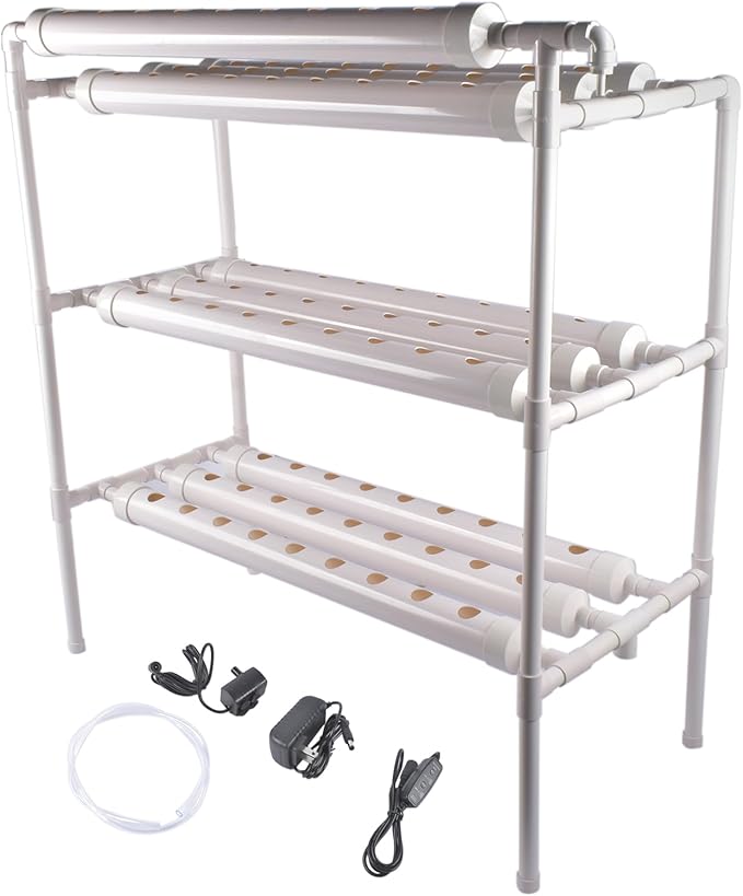 Leafy Vegetables Hydroponic Grow Kit 3 Layer 90 Plant Sites 10 Food-Grade PVC-U Pipes Hydroponics Planting System with Water Pump Pump Timer Nest Basket and Sponge