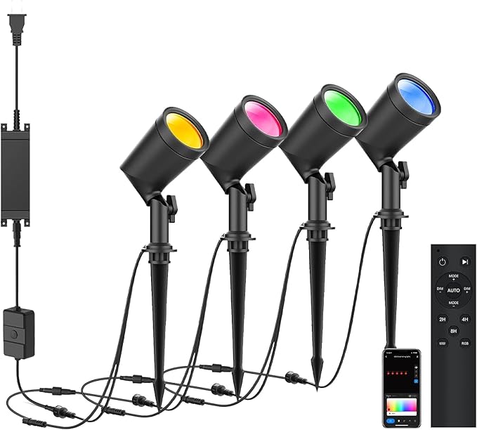 ZYAN Solar Spotlights Black Cord (8 Pack Warm White) Plug in Spotlights 4 Pack RGBW Color