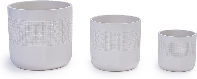 Handmade White Ceramic Planter Set of 3 (5.51 to 9.65) Indoor Outdoor Flower Pots for Succulents Herbs by Window Couchside Breathable Textured Clay