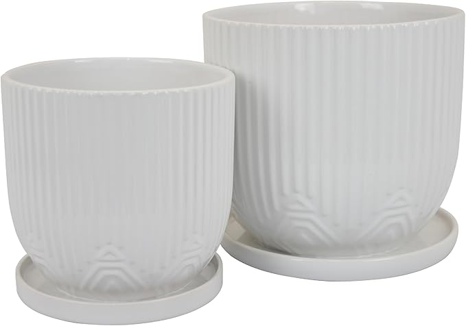 10 7 Inch Indoor Planter Set of 2 White Ribbed Round Design