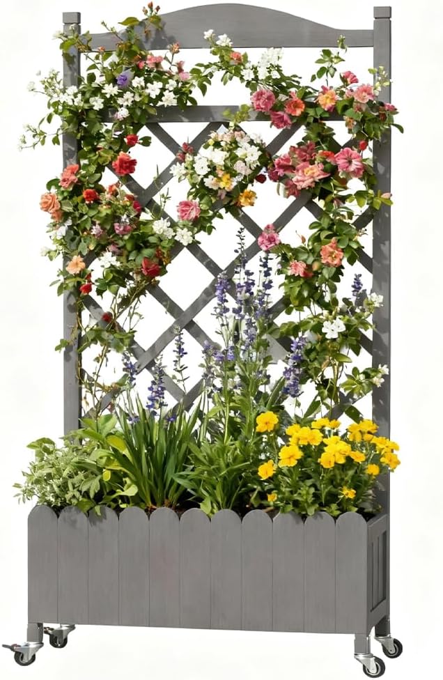 COMHOMA Raised Garden Bed with Trellis and Wheels48Inch Elevated Planter Box with Drainage HolesLattice Privacy Screen for Climbing Plants VegetablesOutdoor for Patio Balcony YardGray