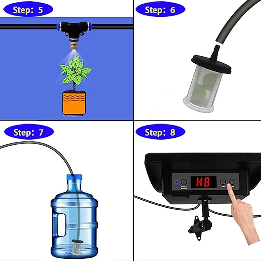 Solar Powered Spray Irrigation System Kit Flexible Watering Schedule Solar Auto Irrigation System with 2200mAh Battery IP67 Water Proof 10m Hose15 Flower Pots for Garden Lawn
