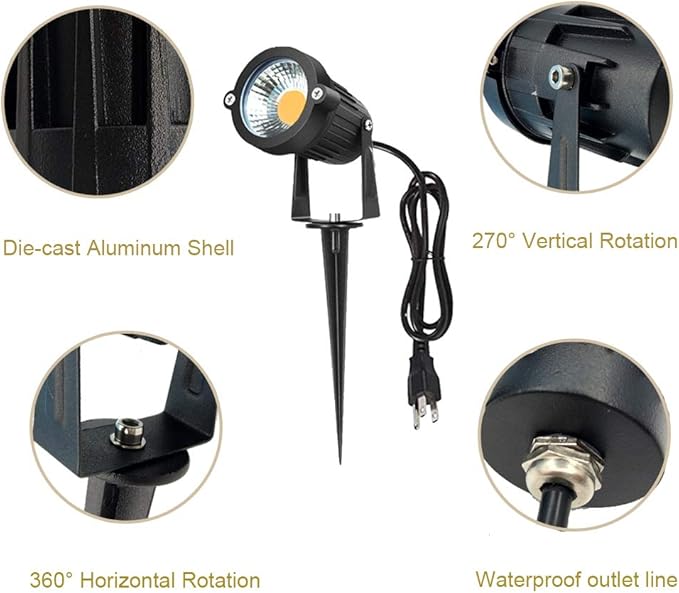Youngine Pack of 2 Outdoor COB 5W LED Landscape Lights IP65 Waterproof COB Spotlights with Spiked Stand and US Plug for Outdoor Flag Yard Lawn Tree (Warm White)