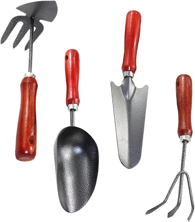 Housoutil 4pcs Gardening Tool Set with Mini Plant Trowel Narrow Shovel Hand Rake and Dual-use Hoe for Flower Pots and Vegetable Garden Sturdy Metal Construction for Home and Outdoor