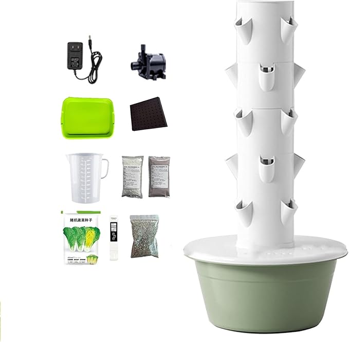 Indoor Hydroponic GardenTower with LED Grow Lights Self-Watering Hydroponics System with Pump Timer Controller Planting Kit for Growing Herbs &amp Vegetables 7Layer