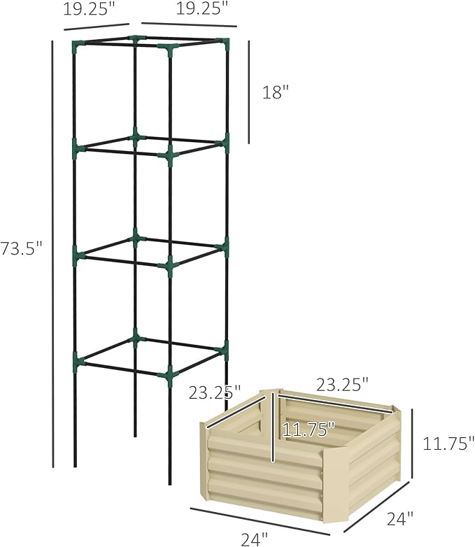 Outsunny Galvanized Raised Garden Bed 73.5 Tall Outdoor Planter Box with Trellis Tomato Cage and Open Bottom for Climbing Vines Vegetables Flowers in Backyard Garden Patio Cream