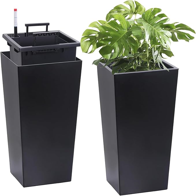 22 Tall Planter Set of 2 OutdoorIndoor Black Planter Pots High Front Porch Planter Pots with Drainage HolesWater Level MonitorInner Bucket Automatic Watering Black
