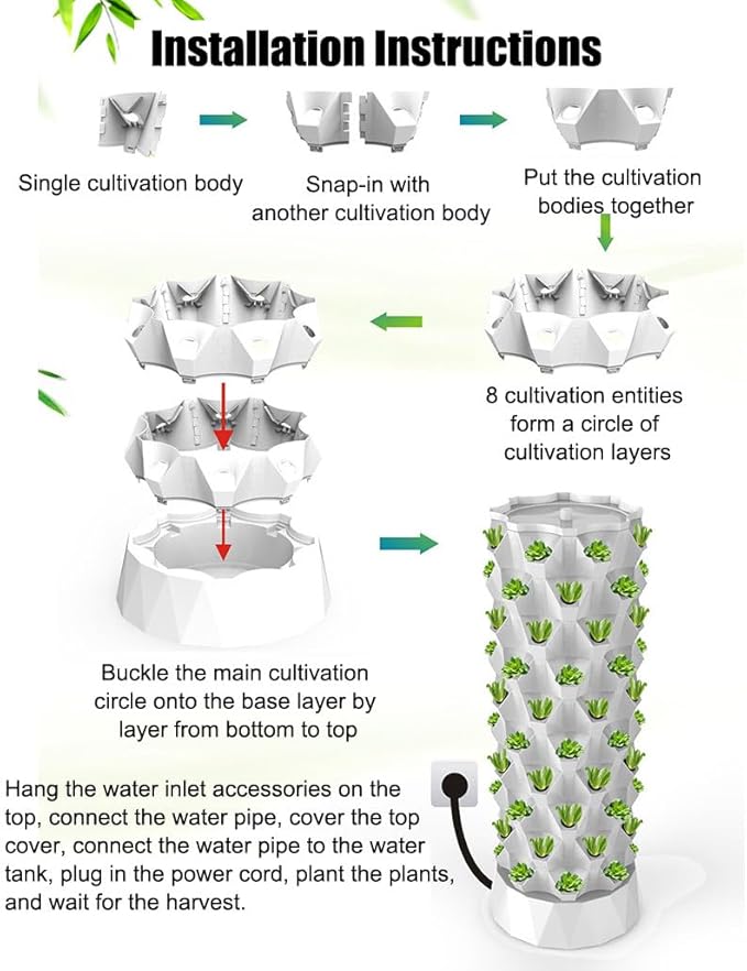 Hydroponics Growing SystemHydroponics Growing Tower Planter Tower Hydroponics Growing Sys Kit with Water Pump Hydroponic Tower Starter Kit Vertical Hydroponic PlanterWhite-48holes
