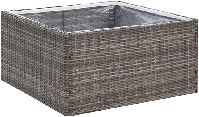 Square Raised Garden Planter 31.5 x 31.5 x 15.7 in Grey Poly Rattan Open Bottom Large Outdoor Elevated Bed for Patio Balcony Vegetables Flowers