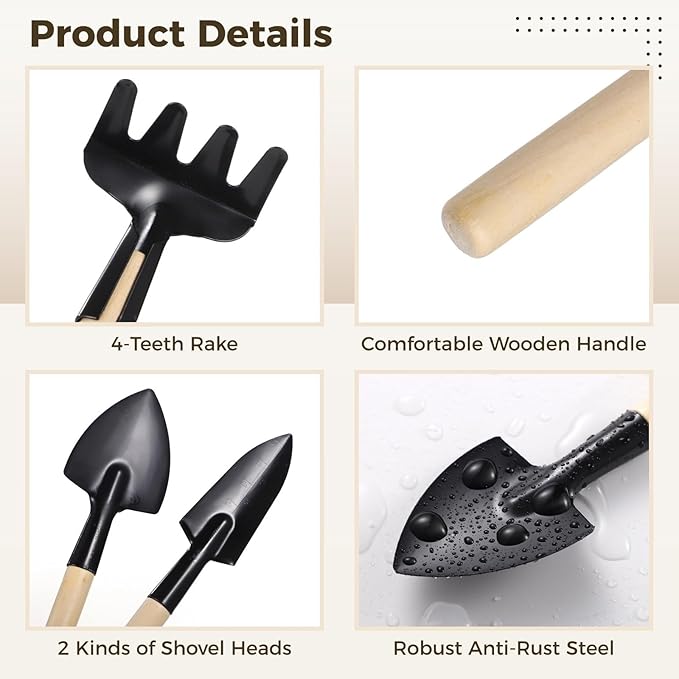 Steel Hand Tool Kit 8 Sets Mini Garden Tools Portable with Rake Trowel Shovel Wooden Handle Indoor Plants Bonsai Succulents Herbs Small Pot Gardening for