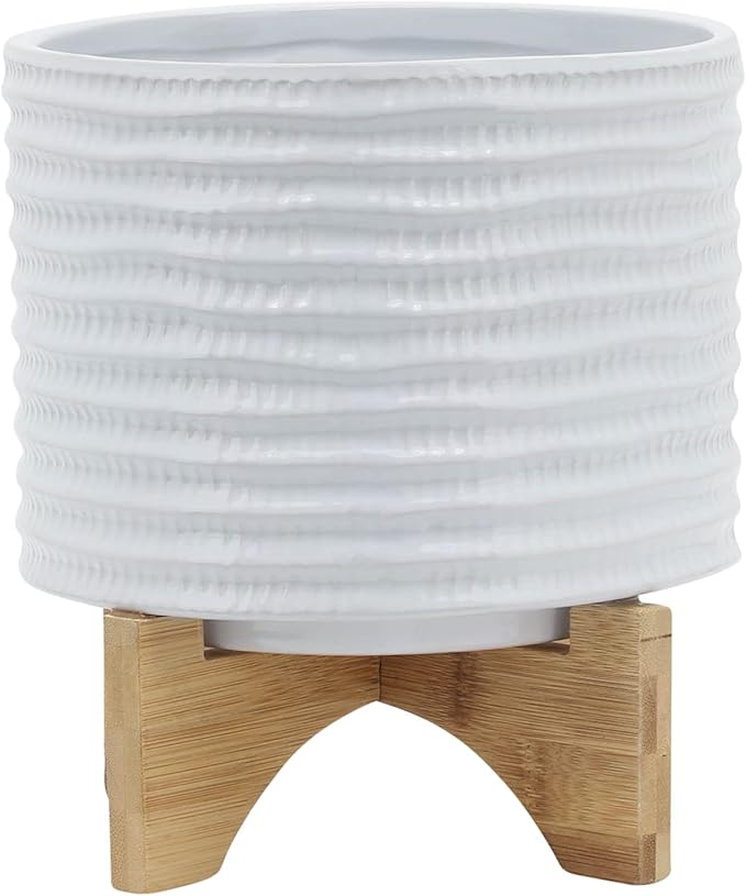 8 Textured Planter W Stand White