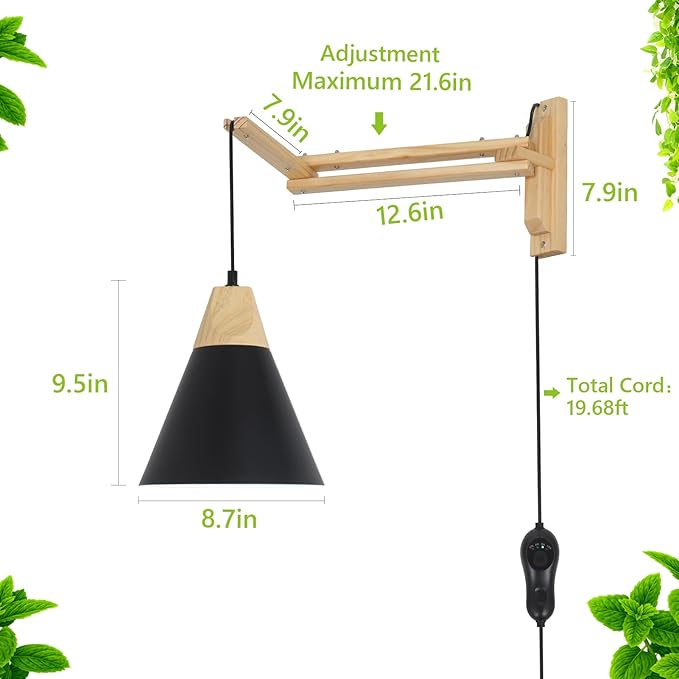 HMVPL Hanging Grow Lights for Indoor Plants Full Spectrum Plant Light for Indoor Growing with 20W COB Grow Light Bulb Wall Mounted Grow Light with Swing Arm 4/8/12H Timer for Large Small Plant