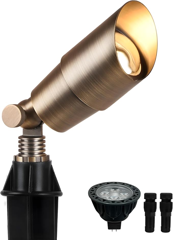 PARTPHONER Solid Brass Low Voltage Landscape Lighting Wired 12V LED Landscape Spotlights with Aluminum Housing MR16 Bulb Heavy Duty Outdoor Waterproof Up Lights for Garden Yard Trees 1Pack