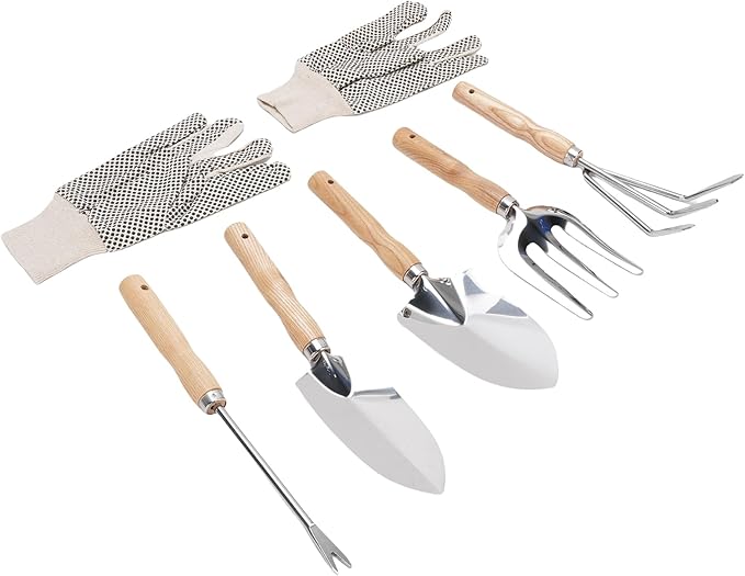 7pcs Gardening Hand Tools Set Stainless Steel Shovel Trowel Weed Puller Hand Fork with Wooden Handle for Weeding Planting Shoveling