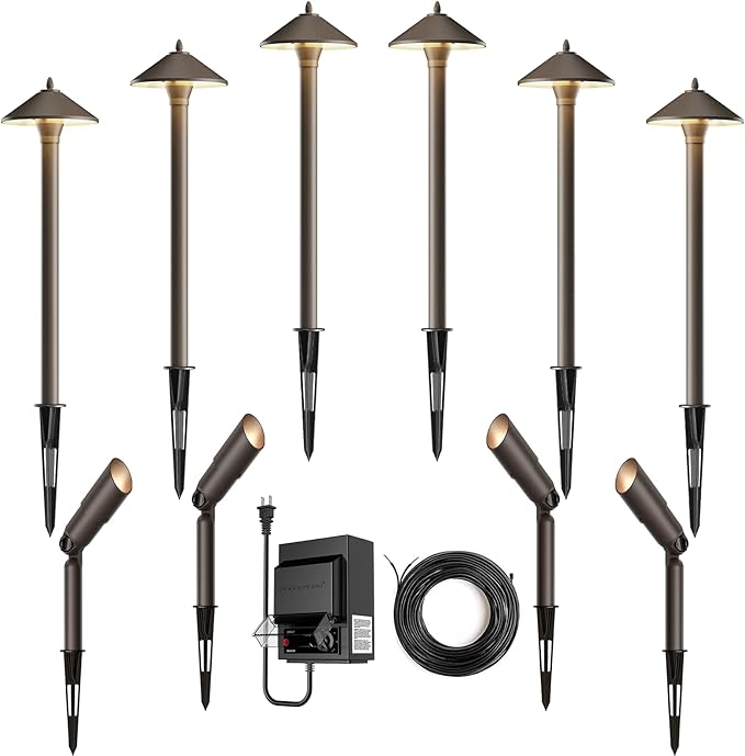 GOODSMANN Landscape Light 10 Pack Pro Light Set Waterproof Low Voltage Lighting Halogen Bulb (Pathway Light&ampSpotlight&ampPower Pack&ampCable Wire)