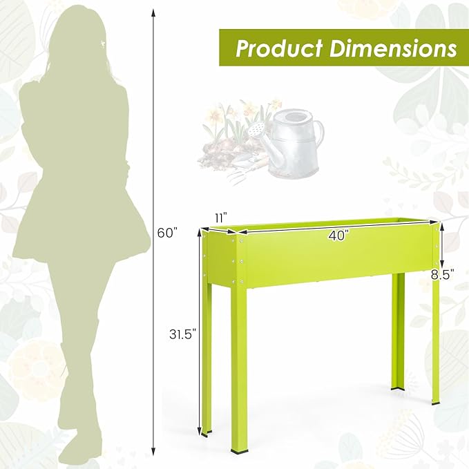 HAPPYGRILL Raised Garden Bed 31.5” Elevated Planter Box w/Legs Drainage Hole Hemming Design Metal Garden Box for Vegetable Herb Outdoor Raised Beds for Gardening Backyard Porch Balcony Green