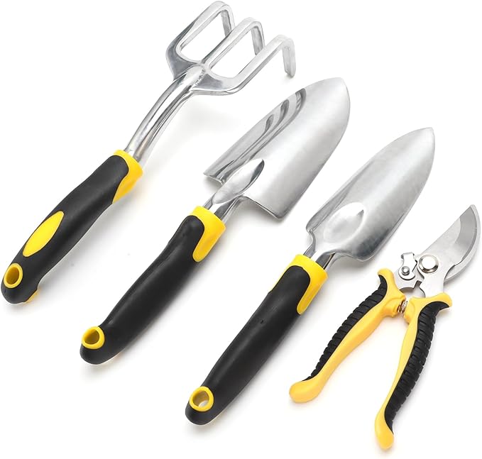 Gardening Tools 5PCS Cast Aluminum Heavy Duty Garden Tools Set with Hand Trowel Transplant Trowel and Cultivator Hand Rake with Ergonomic Handle