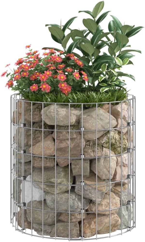Outdoor Garden Round Gabion Basket Cage Planter Stand Patio Backyard Gabion Post Raised Bed Fencing Circular Gabion Pole Galvanized Steel Ø19.7x19.7