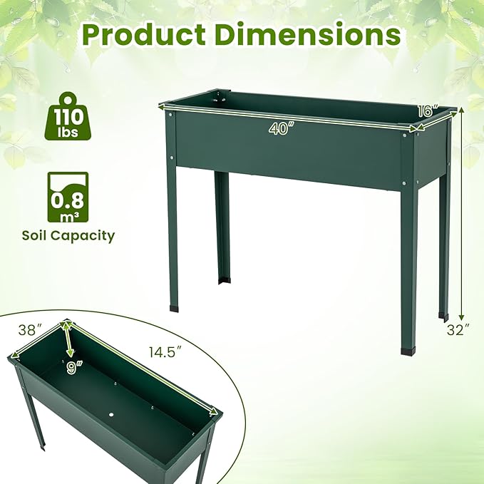 HAPPYGRILL Raised Garden Bed Metal Elevated Planter Box w/Legs Drainage Holes for Growing Vegetables Fruits Flowers Indoor Outdoor Standing Plant Container for Backyard Patio (Green 40”x16”x32”)
